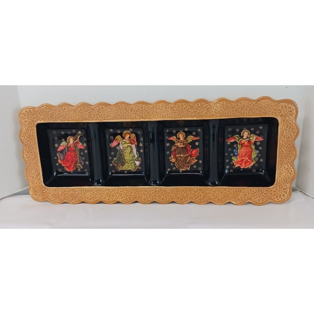 Raymond Waites "Festive Angels" Relish Tray 4-Part Serving Dish Ceramic 18" EUC